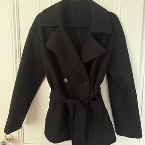 Classic Black Women's Belted Peacoat Jacket